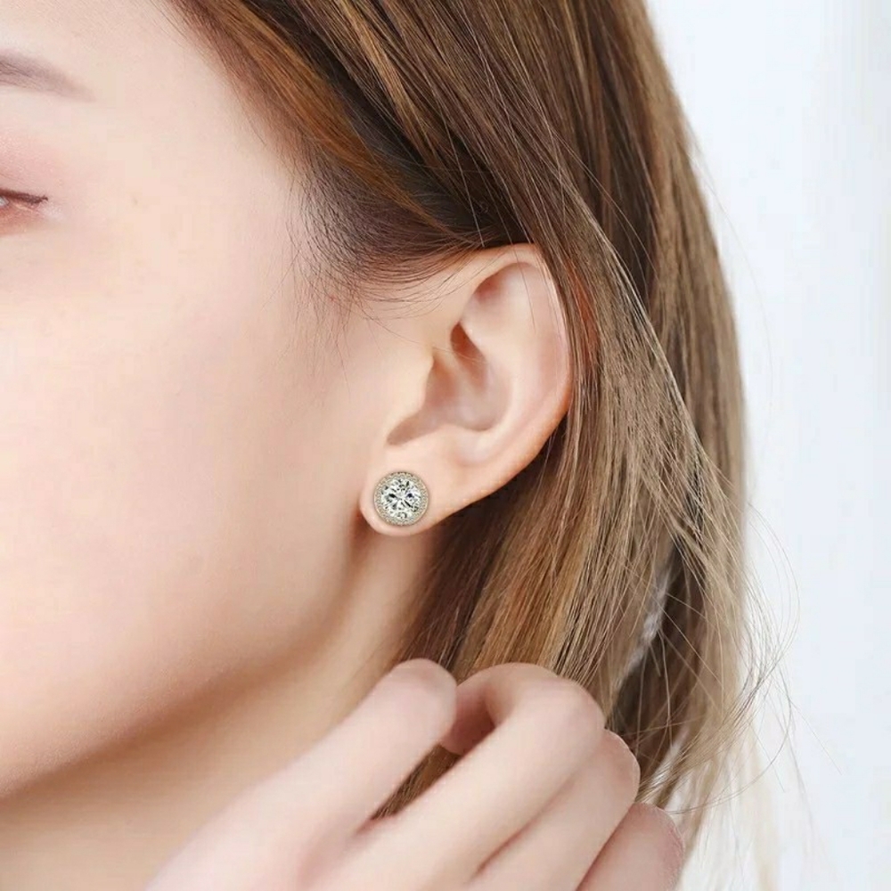 Round Simulated Diamonds Stud Earrings - Picture 3 of 6